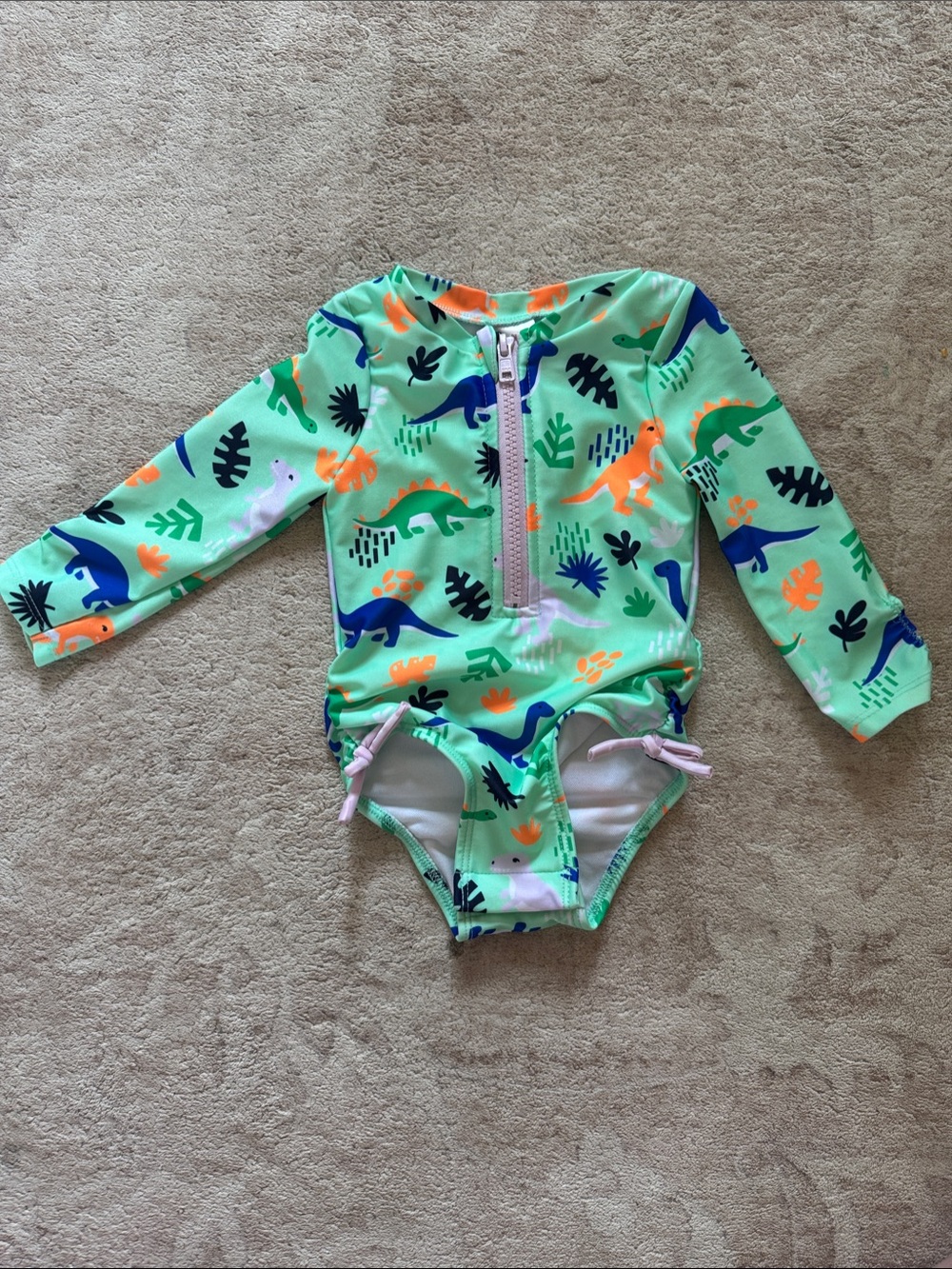Cat & Jack Mint Green Long-Sleeve Dino 12 Month Swimsuit w/Blue & Orange Accents